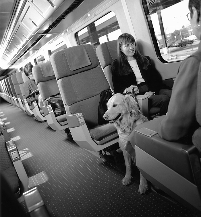 Photo: A passenger with visual impairment and guide dog aboard a VIA Rail train © Canadian Transportation Agency